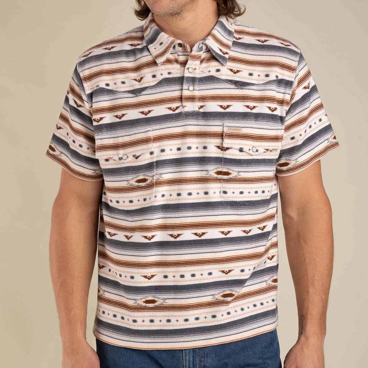 Sendero Cantina Terry Polo Shirt - Gray/Tan Southwest 4 Sendero Cantina Terry Polo Shirt - Gray/Tan Southwest - Image 2