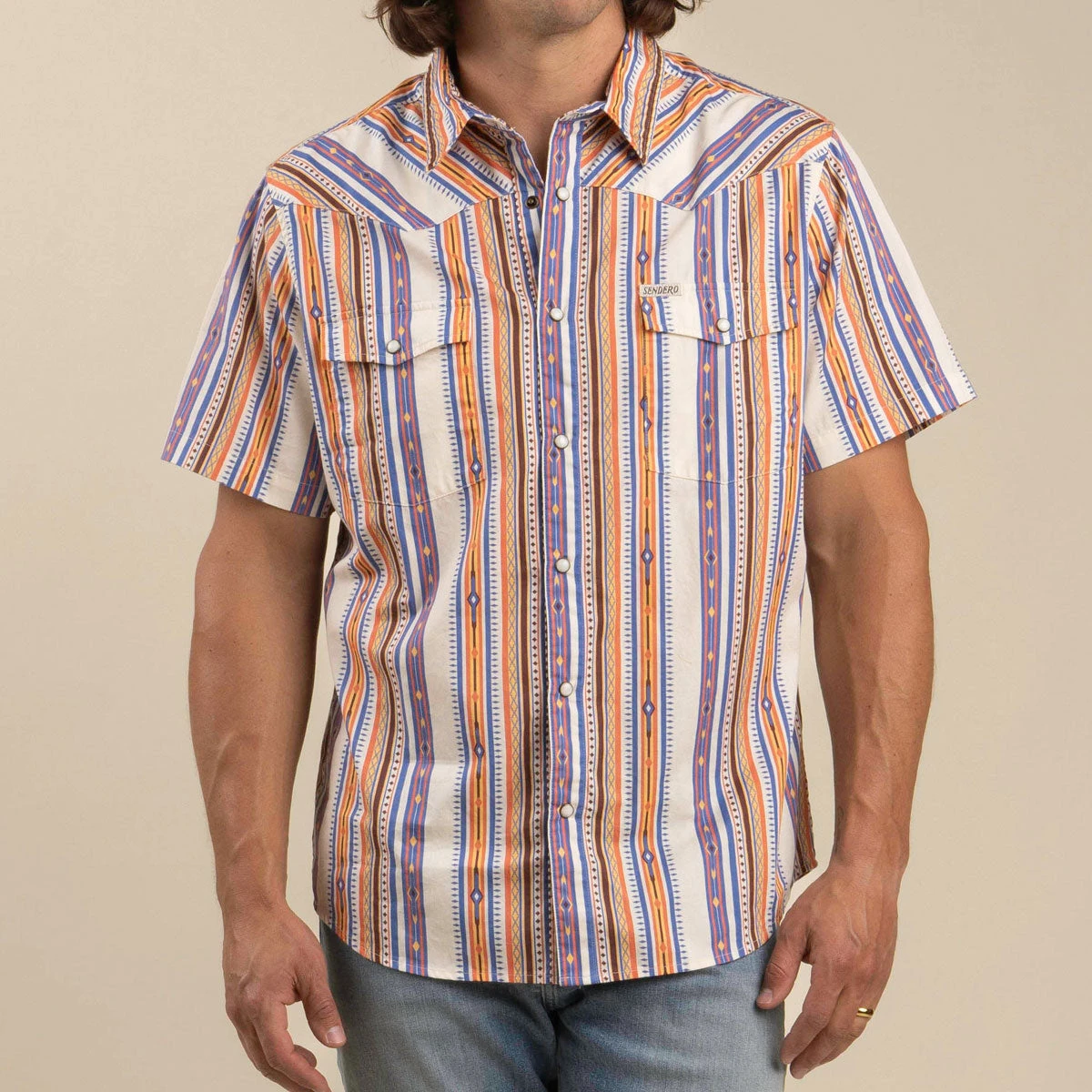 Sendero Serape Pearl Snap Shirt - Cobalt Southwest Stripe 4 Sendero Serape Pearl Snap Shirt - Cobalt Southwest Stripe - Image 2