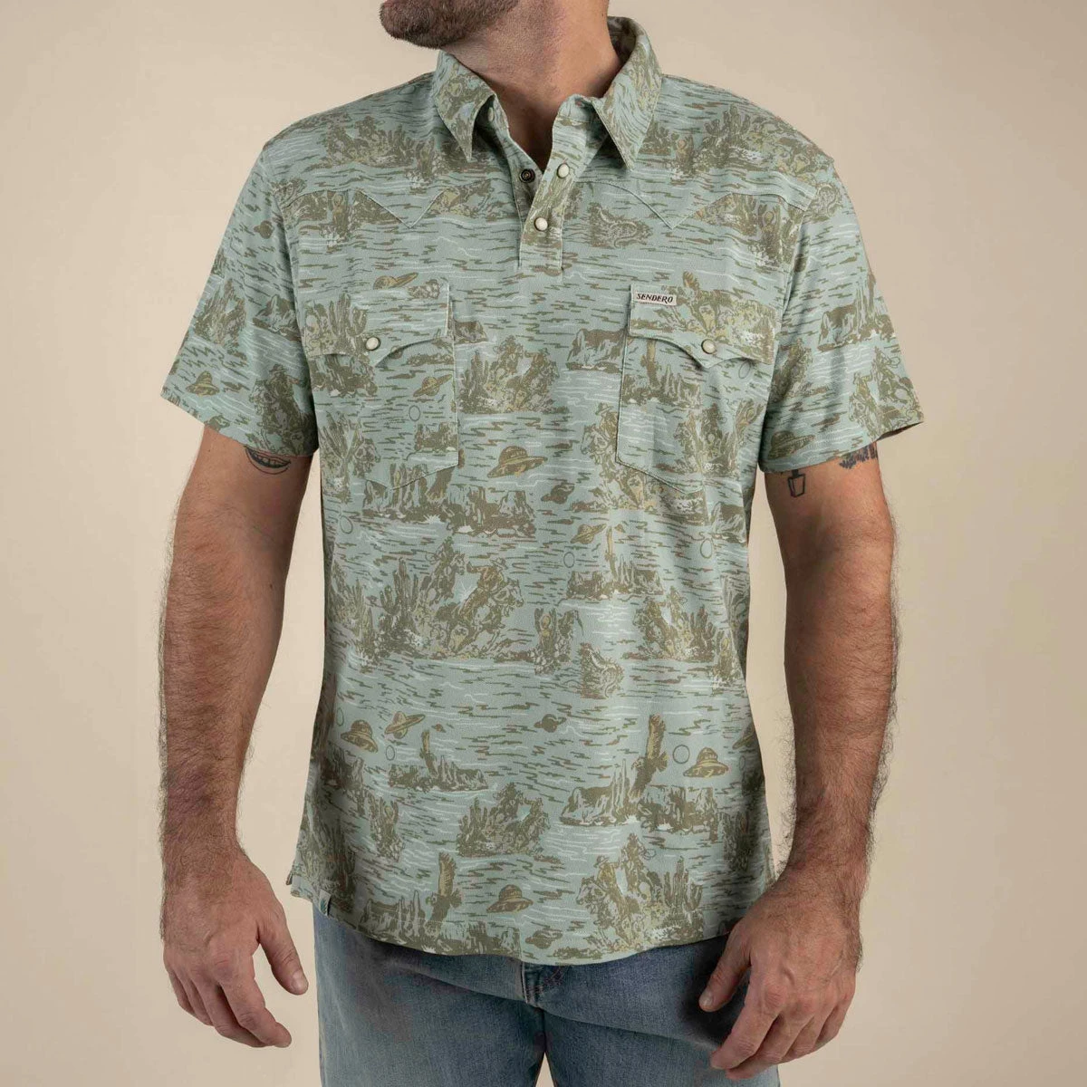Sendero Cantina Polo Shirt - Desert Abduction Print 4 Sendero Cantina Polo Shirt - Desert Abduction Print - Image 2