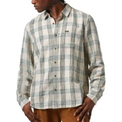 Brixton Charter Linen Blend Long Sleeve Shirt - Off White/Ivy Green Plaid