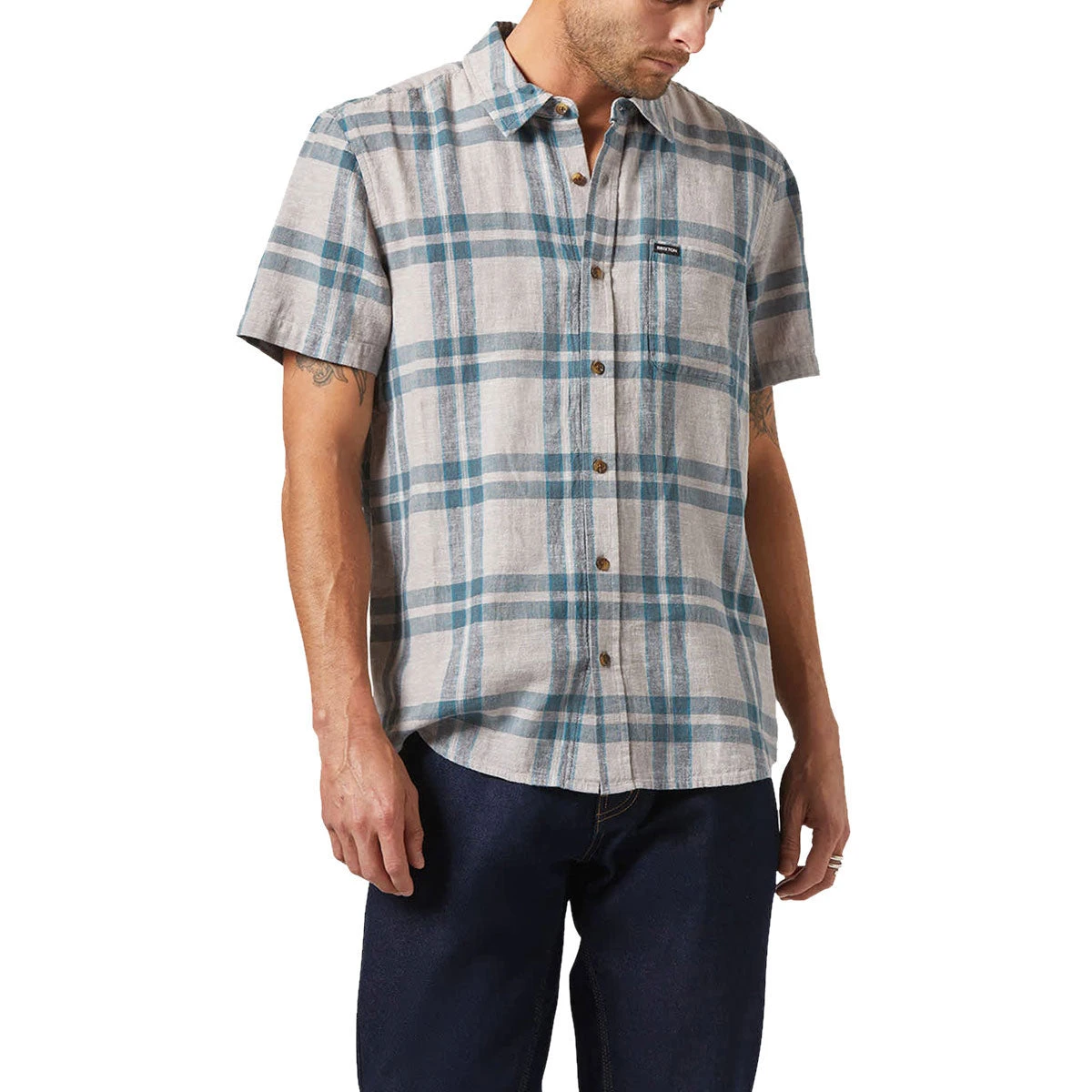Brixton Charter Linen Blend Shirt - Beige/Azure Blue Plaid 3 Brixton Charter Linen Blend Shirt - Beige/Azure Blue Plaid